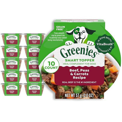 Greenies Smart Topper High Protein Wet Mix-in for Dogs, Beef, Peas &amp; Carrots Recipe in Vitabroth Broth - Bone Broth + Vitamins E &amp; B1, 10 Count