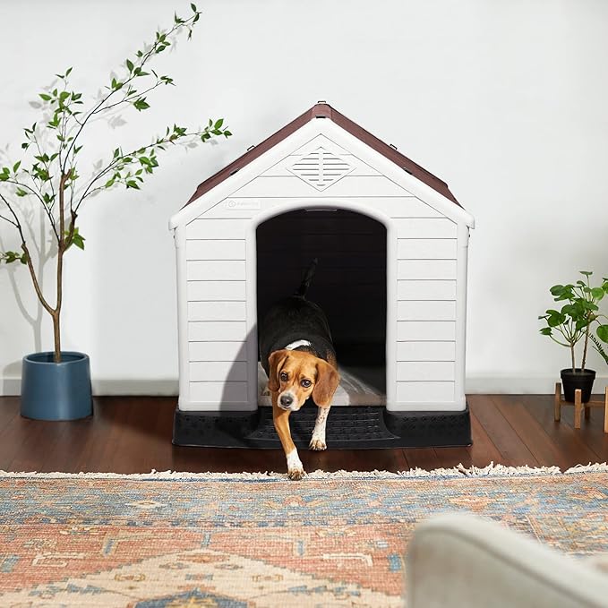 LEMBERI Durable Waterproof Plastic Dog House for Small to Large Sized Dogs, Indoor Outdoor Doghouse Puppy Shelter with Elevated Floor, Easy to Assemble (Brown, 42&