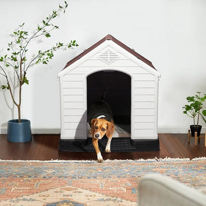LEMBERI Durable Waterproof Plastic Dog House for Small to Large Sized Dogs, Indoor Outdoor Doghouse Puppy Shelter with Elevated Floor, Easy to Assemble (Brown, 42&