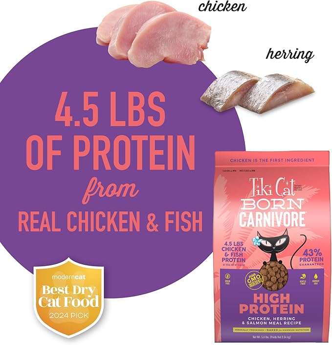 Tiki Cat Born Carnivore High Protein, Chicken, Herring &amp; Salmon Meal, Grain-Free Baked Kibble to Maximize Nutrients, Dry Cat Food, 5.6 lbs. Bag