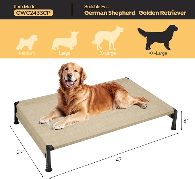 Veehoo Cooling Outdoor Dog Bed, Heavy Duty Elevated Pet Bed with Washable &amp; Breathable Teslin Mesh, Non-Slip Silicon Feet, Dog Cot Bed with Support Hem, 47" x 29", Beige Coffee, CWC2433