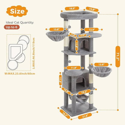 71.2" Tall Cat Tree for Indoor Cats - 9-Level Multi-Cat Tower w/5 Sisal Scratching Posts, 2 Condos, 3 Hammocks, Perch &amp; Pom Poms - Heavy-Duty for Adult Cats, Space-Saving Plush Gray