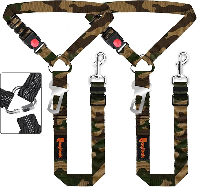 Removable Dog Seat Belt Harness for Car, 3 in 1 Pet Dog Car Seatbelt Leash, Retractable Restraint Secures to Vehicle Headrest &amp; Adjustable Reflective Bungee Dog Seatbelt Tether, Camouflage