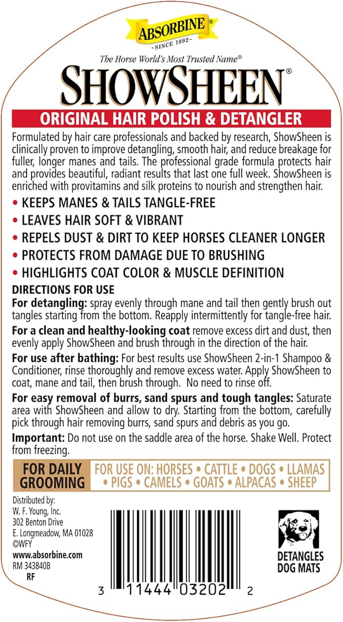 Absorbine ShowSheen Hair Polish &amp; Detangler 32oz Refill Bottle, Horse and Dog Coat, Mane and Tail, Instant Detangling &amp; Reduces Hair Breakage for Healthy Grooming &amp; Radiant Shine