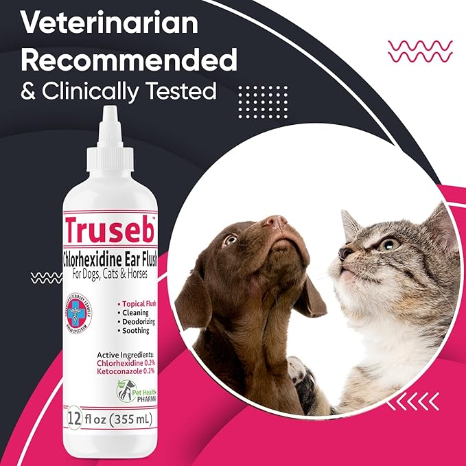All Natural Ear Flush for Dogs &amp; Cats, Ketoconazole &amp; Chlorhexidine Ear and Vet-Strength Ear wash with a Light Scent (USA) (Ketoconazole &amp; Chlorhexidine Ear Flush, 12 oz)