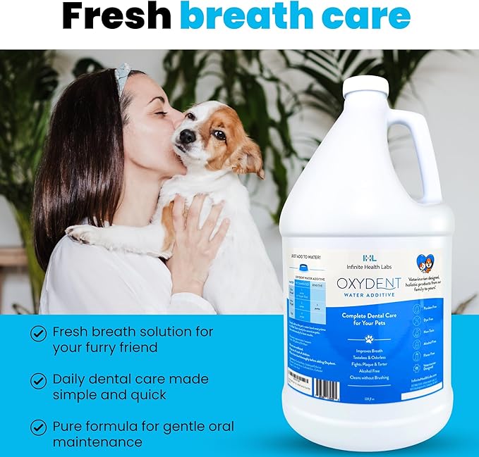 Oxydent Premium Pet Dental Care Solution - Pet Water Additive &amp; Mouthwash for Teeth Cleaning - Eliminate Bad Dog &amp; Cat Bad Breath - Dog Dental Rinse - Fights Tartar &amp; Plaque - 1 Gallon