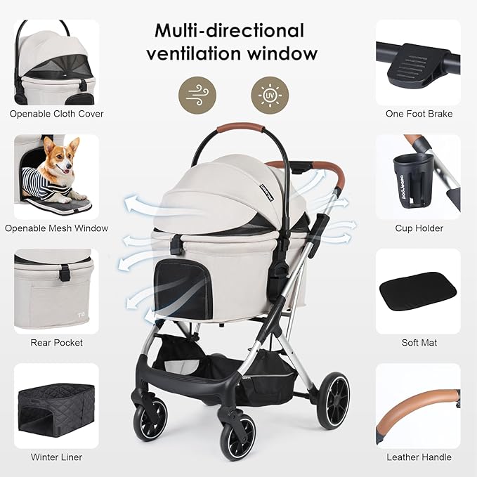 T6 Luxury Pet Stroller for Medium Dogs Up to 66lbs or 2 Small Pets – 3-in-1 Dog &amp; Cat Stroller with Removable Carrier, Foldable &amp; Lightweight (Beige)