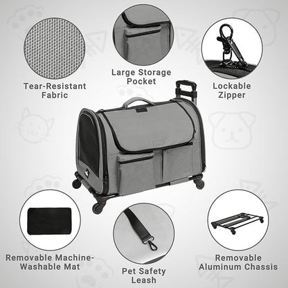 Large Pet Carrier with Wheels, Foldable Rolling Dog Carrier with Wheels and Big Pocket, Cat Rolling Bag 21"x13"x13" for 2 Cats &amp;Dogs, for Travel, Outdoor, Vet Visits, Camping, Indoor. Gray