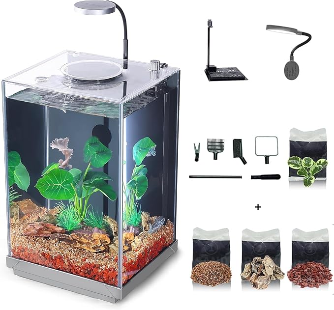 Wonderfactory 3 Gallon Aquarium Fish Tank, Self-Cleaning Betta Tank with Filter and Light, Starter kit with Rocks, Plants &amp; Cleaning Tools, Suitable for Beginners and Hobbyists