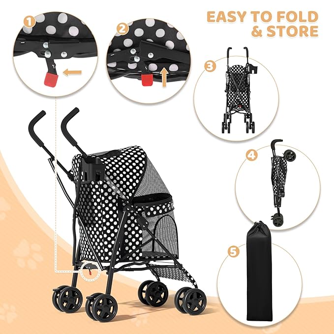 Magshion Compact Pet Stroller for Small-Medium Dogs/Cats up to 22lbs, 4-Wheel Lightweight Umbrella Shaped Portable Puppy Travel Jogger with Breathable Mesh, Cup Holder &amp; Rear Storage, Black Polka Dots
