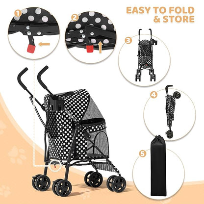 Magshion Compact Pet Stroller for Small-Medium Dogs/Cats up to 22lbs, 4-Wheel Lightweight Umbrella Shaped Portable Puppy Travel Jogger with Breathable Mesh, Cup Holder &amp; Rear Storage, Black Polka Dots