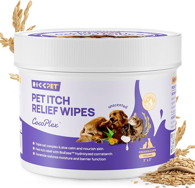 HICC PET Itch Relief Wipes for Dogs &amp; Cats, Rapidly Relieves Itching, Soothes Hot Spots and Skin Irritations, Hypoallergenic Hot Spot Treatment Cleaning Wipes, Alleviate Dry Itchy Skin - 100 Count
