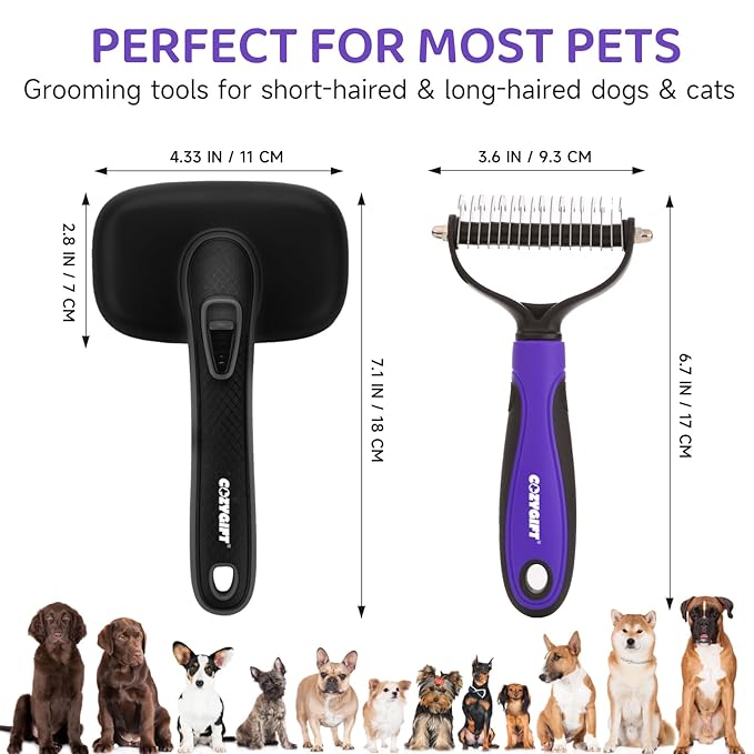 Dog Brush Kit – 3 PCS Grooming Set with Self-Cleaning Brush, Undercoat Rake &amp; Pet Bath Brush. Great for Shedding, Tangles &amp; Dirt Removal – Ideal for Long &amp; Short Haired Dogs &amp; Cats, Black