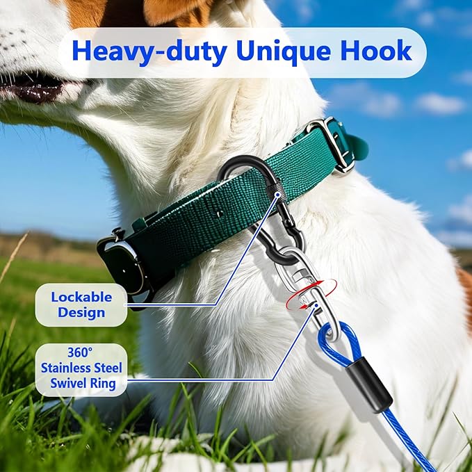Heavy Duty Dog Tie Out Cable and Stake,16FT Rust Proof Dog Leads Tether for Yard with Swivel Hook,360°Swivel Spiral Dog Stake&amp;Chain Up to 200 lbs,Removable Ground Anchor for Outdoor Beach Camping
