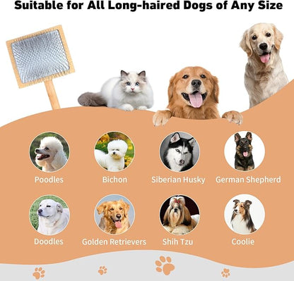 Dog Slicker Brush for Shedding and Grooming Medium or Long Haired Cats, Extra Long &amp; Soft Pin Slicker Brush for Removes Loose Hair, Tangles, Knots, Undercoat, Free Pet Comb, Large, Oak