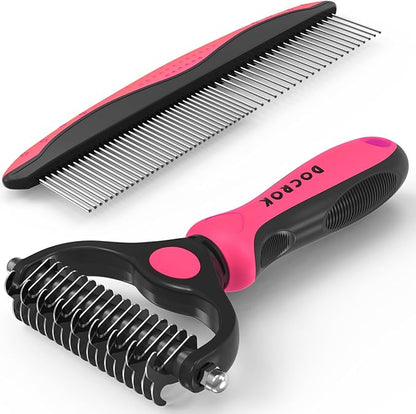 Pet Grooming Brush &amp; Comb Combo, Cat &amp; Dog Brush for Shedding &amp; Dematting, Undercoat Rake for Long-haired Pets, Pink