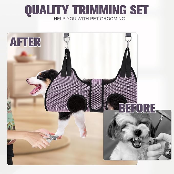 PAWCHIE Dog Grooming Hammock Harness for Dogs &amp; Cats with Pet Nail Clipper Trimmer- Breathable Cat Hanger Sling for Trimming Clipping Nails-Dog Hammock Restraint Bag for Small Medium Large Dog, Pink S