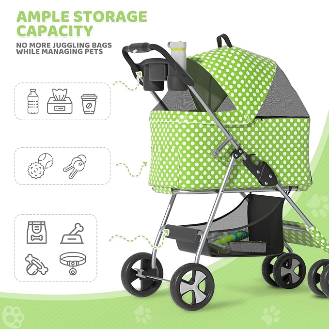 Magshion Foldable Pet Stroller, 3-in-1 Dog Travel Jogger with Detachable Carrier, Cup Holder, Storage Basket, Folding Carrier for Small/Medium Dogs &amp; Cats Up to 33 lbs, Lawn Green Polka Dots
