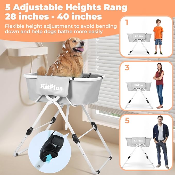Elevated Dog Bathtub, 5 Height Adjustable Portable Dog Wash Station for Small to Large Pets, Foldable Bathing Tub with Storage &amp; Anti-Slip Design Gray