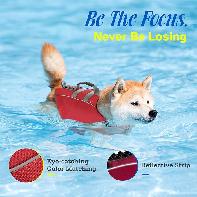 Pawaboo Dog Life Jacket, Reflective Dog Safety Vest Adjustable Pet Life Preserver with Strong Buoyancy &amp; Sturdy Rescue Handle, Ripstop Dog Lifesaver Vests for Swimming, Boating, L, Red