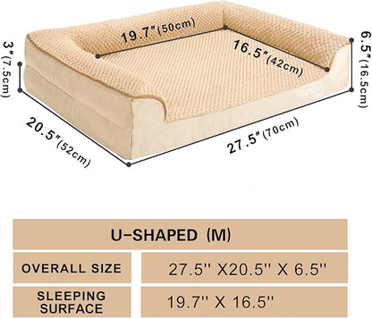 JOYELF Orthopedic Dog Bed for Medium Dogs,U-Shaped Foam Sofa Bed, Bolster Waterproof Pet Bed with Removable Washable Cover and Nonskid Bottom, for Small to Medium Dogs - Khaki