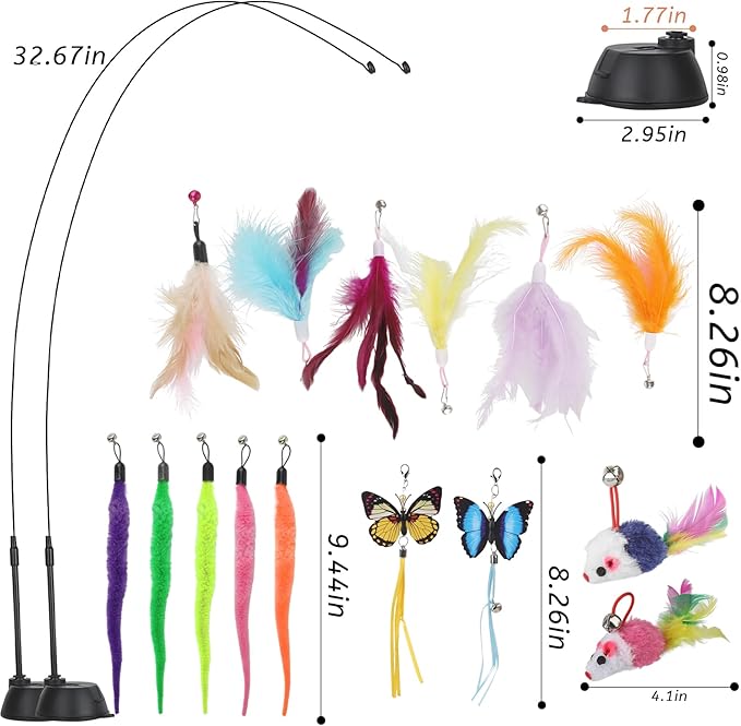 Suction Cup Cat Toys,Interactive Cat Wand with 15Pcs (Feather, Mouse, Butterfly, Worm),Durable Cats Fishing Pole Toy for Indoor Kittens,Fun Stick Toy for Exercise&amp;Play