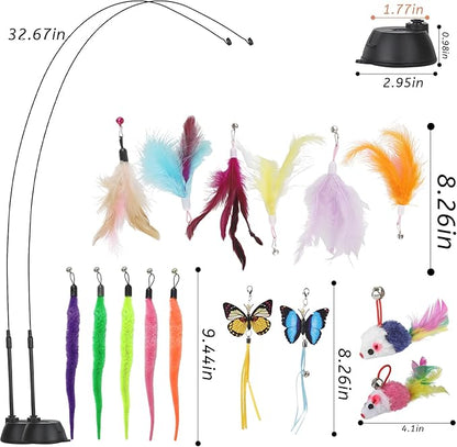 Suction Cup Cat Toys,Interactive Cat Wand with 15Pcs (Feather, Mouse, Butterfly, Worm),Durable Cats Fishing Pole Toy for Indoor Kittens,Fun Stick Toy for Exercise&amp;Play