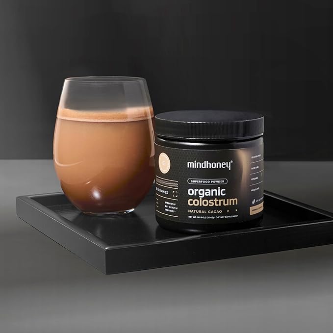 MINDHONEY Organic Colostrum | Premium Cacao Flavored Superfood Powder | Gut Health &amp; Immunity, Skin &amp; Hair, Anti-Aging, Performance &amp; Recovery | Grass-Fed, Pasture-Raised | 30 Servings