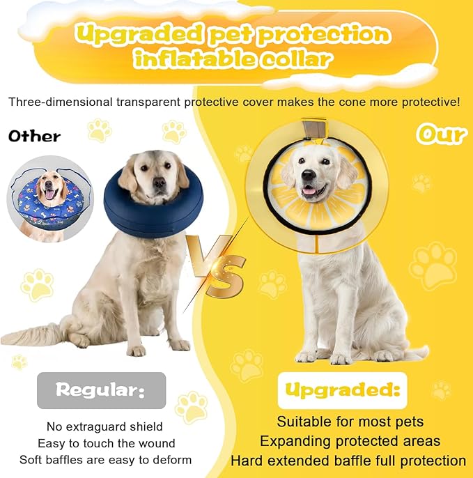 Inflatable Dog Cone Collar with Detachable Enhanced Anti-Licking Shield, Soft Neck Donut Collar for Dogs After Surgery, Adjustable Dog Cone Alternative for Large Medium Small Dogs &amp; Cats