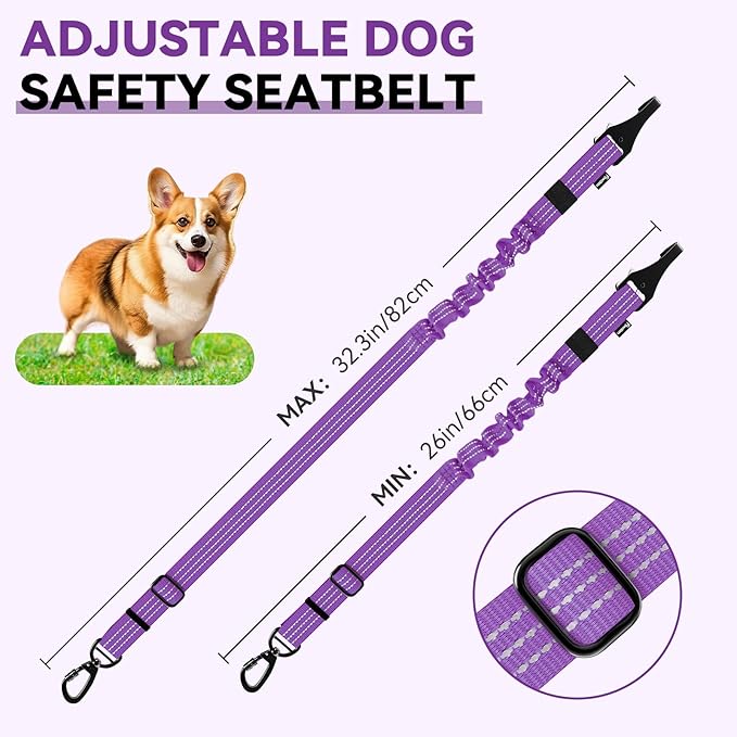 Pawaboo Dog Seatbelt for Car, 3-in-1 Dog Seat Belt Bungee, Shockproof Dogs Tether for Car with Buckle &amp; Hook Latch, Adjustable Reflective Dogs Cars Harness Leash with 360° Lockable Buckle, Purple