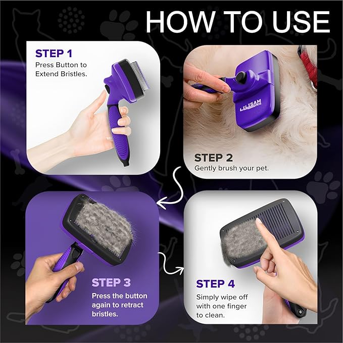 Pet Self Cleaning Slicker Brush and Grooming Comb - Gently Removes Loose Hair, Tangles, and Dirt - Skin Friendly Deshedding Grooming Tool for Hair Dogs &amp; Cats - Pet Supplies Accessories (Purple)
