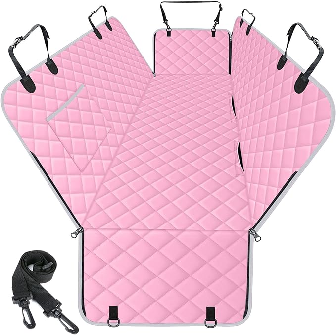 Waterproof Dog Car Seat Cover for Back Seat - Durable, Scratch Proof Pet Hammock with Nonslip Design &amp; Storage Pockets, Fits Cars, SUVs, Trucks - S, Pink/Grey