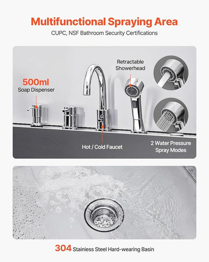 VEVOR Professional 304 Stainless Steel Dog Bathing Station, 50 inch Pet Grooming Tub w/Anti-Slip ramp, Storage Drawer, Cold Hot Faucet Showerhead, for Large &amp; Medium &amp; Small (Left Door, with Drawer)