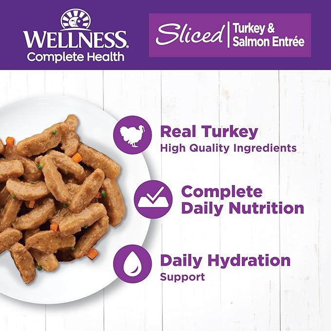 Wellness Complete Health Sliced Adult Wet Cat Food, Natural, Protein-Rich, Grain Free, 5.5 Ounce, 24 Pack, (Turkey &amp; Salmon Entrée)