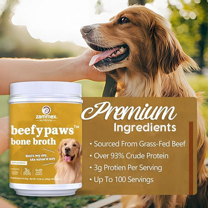 Zammex Grass-Fed Beef Bone Broth Protein Powder for Dogs &amp; Cats - Joint &amp; Bone Support, Healthy Fur Enhancer, Pet Food Topper for Dry &amp; Wet, 10.58oz