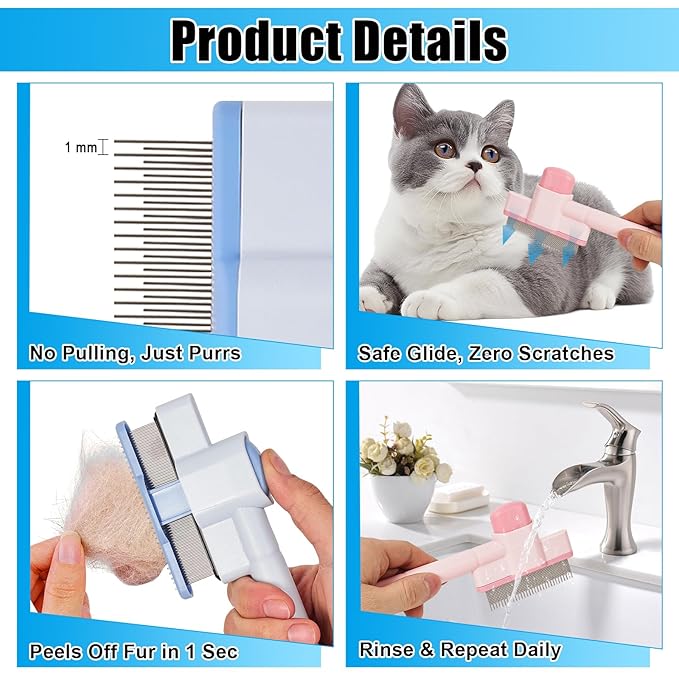 2PCS Flea Comb for Cats &amp; Dogs – Magic Self-Cleaning Cat Grooming Brush with Stainless Steel Teeth, Cat Combs for Fleas and Ticks, Indoor Pets, Fine Tooth Comb for Kittens