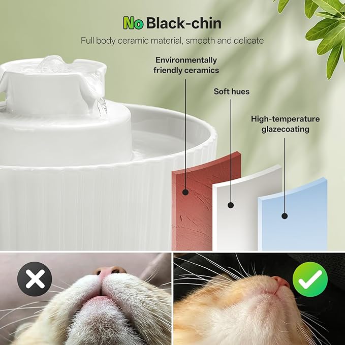 Ceramic Cat Water Fountain, 2.1L/70oz Porcelain Pet Drinking Dispenser with 4 Set Replacement Filter &amp; Sponge, Automatic Dog Water Bowl with Ultra-Quiet Pump, Cat Feeding Watering Supplies(White)