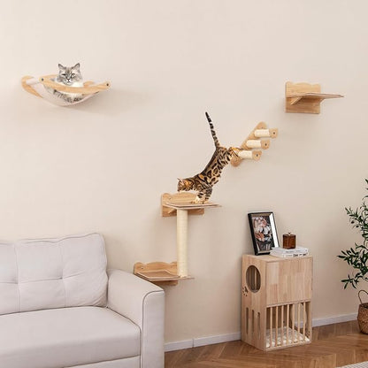 Tangkula Cat Wall Shelves, Wall Mounted 4pcs Kitten Furniture Set with Hammock, 2-Step Kitty Tree, Perch, Non-Slip Carpet Mat, Sisal Stairs &amp; Scratching Posts, Wooden Cat Climber Steps (Natural)