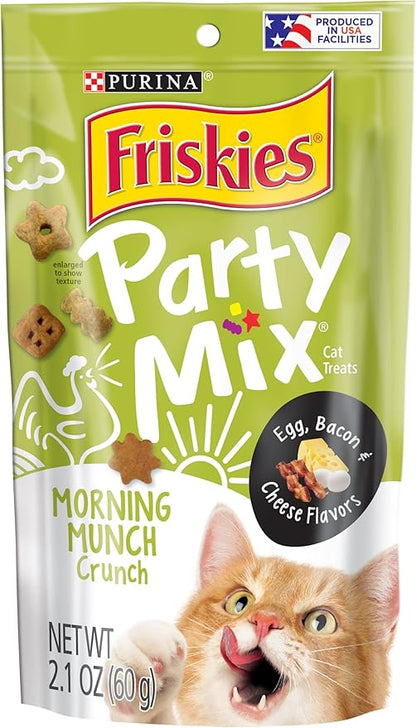 Purina Friskies Party Mix Cat Treats, Morning Munch Crunch with Egg, Bacon &amp; Cheese Flavors, Crunchy &amp; Bite-Sized Cat Treats, 2.1 OZ Pouch (Pack of 3)