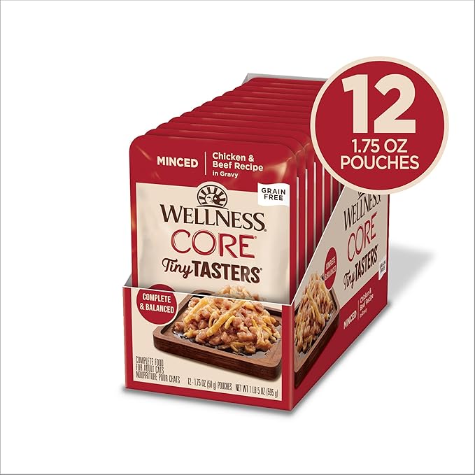 Wellness CORE Tiny Tasters Minced Adult Wet Cat Food, Natural, Protein-Rich, Grain Free, 1.75-Ounce Pouch, 12 Pack, (Chicken &amp; Beef)