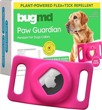 BugMD Paw Guardian Flea and Tick Prevention Pendant for Dogs with AirTag Holder | Plant-Powered Flea &amp; Tick Control for Dog Collars Harnesses | Dog Tag with Air Tag Holder - Pink