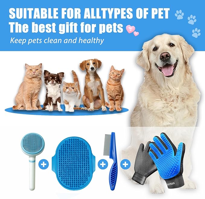 4Piece Dog Grooming Brush Set with Grooming Gloves, Deshedding Comb &amp; Massage Bath Brush - Multifunctional Pet Hair Removal Tools for Shedding, Bathing, Brushing (Blue)