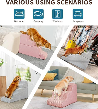 Dog Step for Bed, Dog Stair 3-Step 35D Pet Stair 15.7" H for High Bed or Sofa Non-Slip Balanced Pet Step Indoor, Pink
