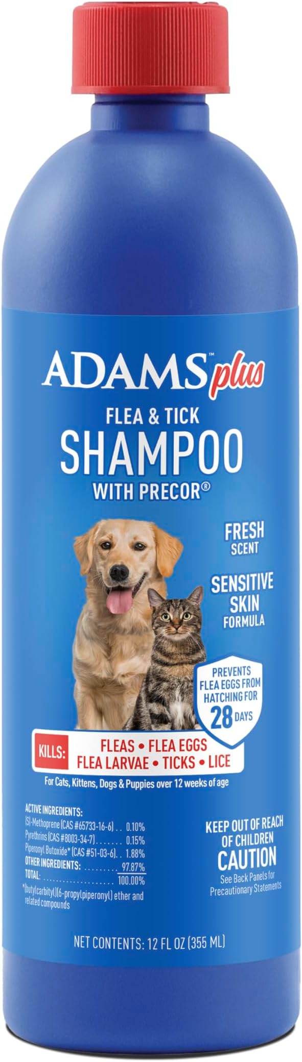 Adams Plus Flea &amp; Tick Shampoo with Precor for Cats, Kittens, Dogs &amp; Puppies Over 12 Weeks Of Age Sensitive Skin Flea Treatment | Kills Adult Fleas, Flea Eggs, Ticks, and Lice| 12 Ounces
