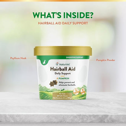 NaturVet – Hairball Aid Supplement for Cats - Plus Pumpkin – Helps Eliminate &amp; Prevent Hairballs – 60 Soft Chews
