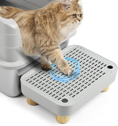 Cat Litter Box Step Ramp, Cat Litter Catcher Mat with Wooden Feet, Filter Function, Cat Pedal Stool for Self-Cleaning Cat Litter Box, Ideal for Kitten &amp; Elderly Cats (Light Grey)