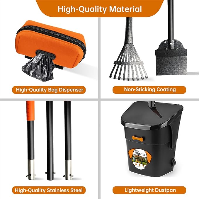 Dog Pooper Scooper with Bags &amp; Dispenser - 37.4" Long Durable Metal Handle Swivel Bin &amp; Rake &amp; Spade Kit, Large Capacity Portable Pooper Scooper for Yards，Easy to Assemble