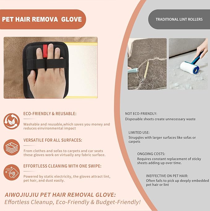 Pet Hair Removal Glove – Upgraded Electrostatic Pet Hair Remover Gloves for Cats &amp; Dogs (Black, L)
