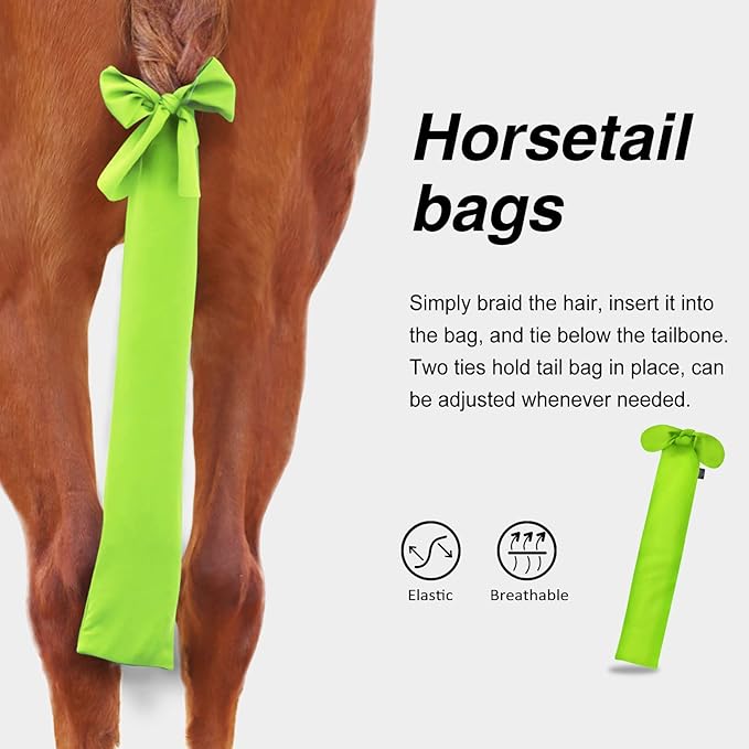Harrison Howard Stretchy Tail Bag Breathable Horse Tail Guard Slip on Design Protect Horse Tail 2 Strand Closure Straps Keep Tail Clean &amp; Protected 22" L Length Makes Grooming Easy-Fluro Lime