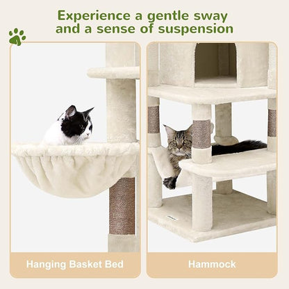 Globlazer Corner Cat Tree Tower for Large Cat, 66inch Tall Large Cat Tree Condo for Multiple Indoor Cats with 6 Scratching Posts, 2 Spacious Cat Condos, Soft Hammock, Hanging Basket, C66, Light Beige